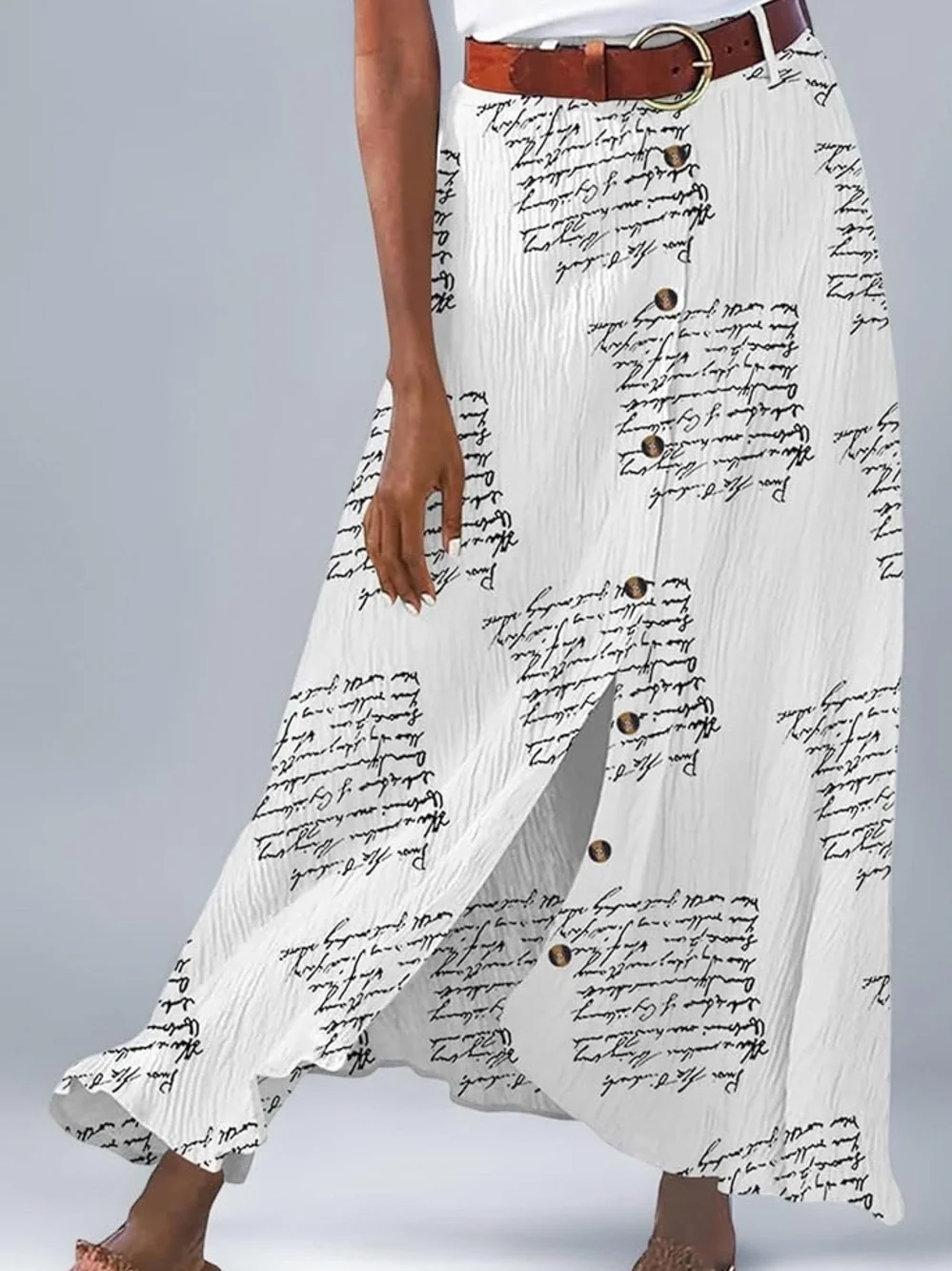 White Script Print Button-Front Maxi Skirt with lining - Picture 2 of 8